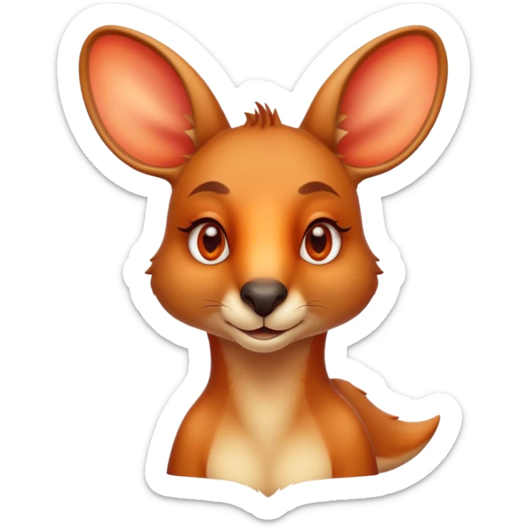 Cinematic Noble Kangaroo Portrait Emoji, Poised and regal, with a powerful, muscular build and a sleek, well-groomed fur of warm red-orange hues, deep-set soulful amber eyes and a strong tail, Simplified yet sharp and sophisticated features, highly detailed, glowing with a warm, dignified glow, high shine, intelligent and athletic, stylized with an air of outback majesty, focused and attentive, soft glowing outline, capturing the essence of a watchful and confident marsupial, so majestic it feels as though it could bound out of the screen with effortless authority! sticker