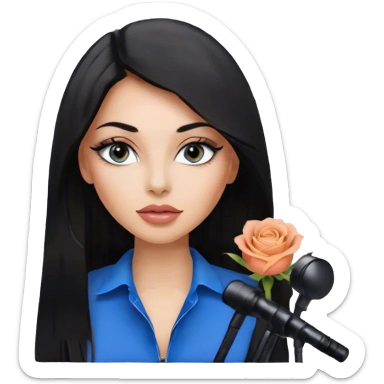 Glamours, tanned, very beautiful girl, with big pump peach-beige-rose lips, eyeliner, long lashes, black straight smooth silky long hair, straight parting hair, blue-grey eyes in black clothes for working profile sticker