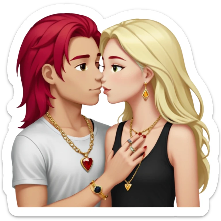 young 20 year old couple kissing, girl with long cherry red hair and dark blonde eyebrows wearing gold necklace with letter A, diamond gold ring, red bracelet and light clothes, boy with bright white hair wearing dark t-shirt and silver ring with black stone sticker