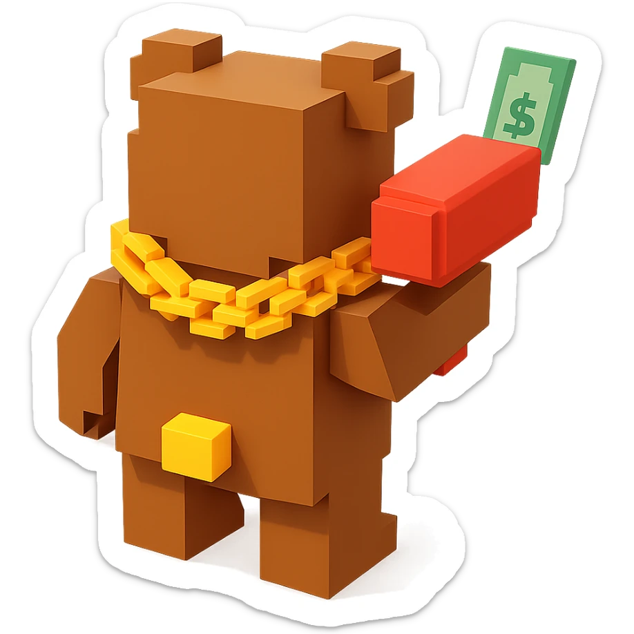 A grizzly bear with a chain and a money gun, facing backward sticker