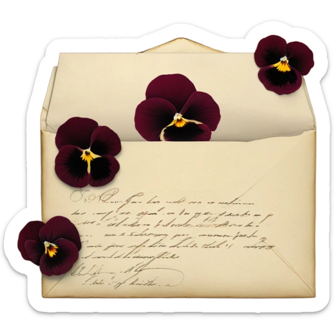 A vintage love letter with deep red pansies and a burgundy wax-sealed envelope
 sticker