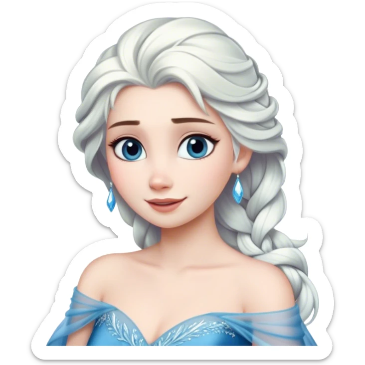 Cinematic Radiant Snow Queen Portrait Emoji, rendered in a realistic, vector style with clean proportions. Show Elsa with a gentle, confident smile, icy pale skin, and luxuriously styled platinum hair, her expression calm and regal. The image glows with a soft, enchanting icy luminescence, high shine, and is accented by a soft glowing outline that enhances her ethereal beauty. sticker