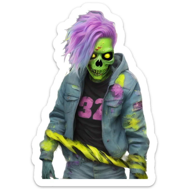 .Zombie_ Vaporwave black holographic oilslick zombie unicorn smoking yellow caution tape  sticker