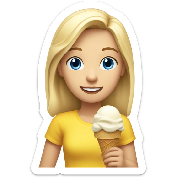 Girl with mid length blonde hair, blue eyes, yellow shirt, holding vanilla ice cream cone sticker