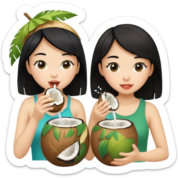 Two girls drinking out of a coconut one is Asian with black hair the other is white with blonde hair  sticker