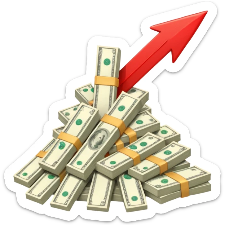 a pile of money with red arrow up with a strategy paper sticker
