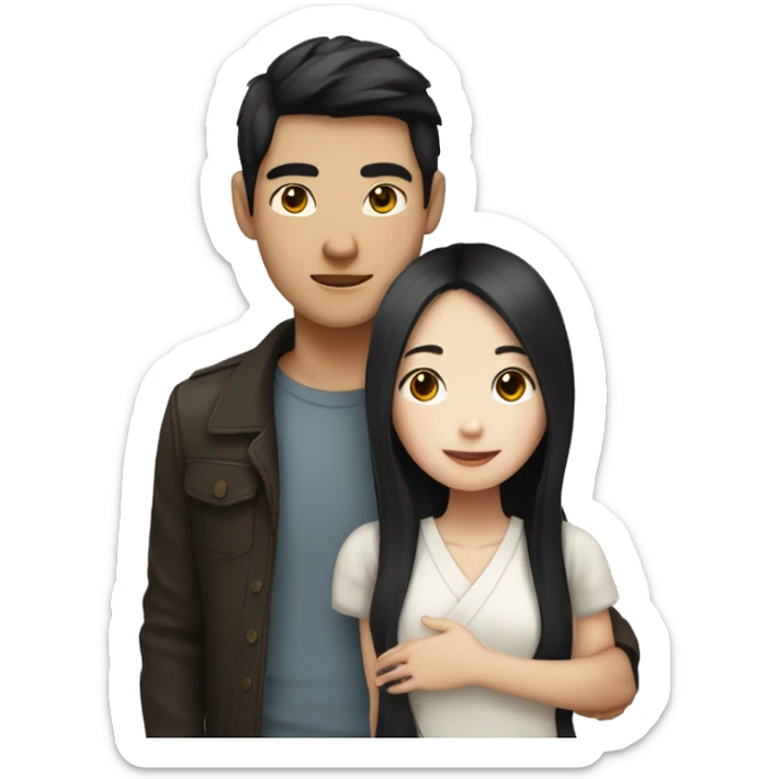 Asian girl with white skin, long dark hair and asian boy with white skin hug together  sticker