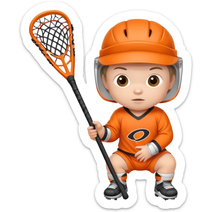 New born baby with lacrosse sticks wearing orange close  sticker
