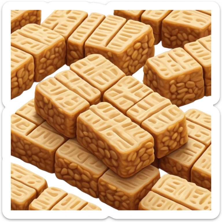 Tempeh Cinematic Realistic Tempeh Dish Emoji, depicted as crispy, sliced portions of fermented soy cake with a golden-brown finish, rendered with detailed textures and warm, inviting lighting. sticker