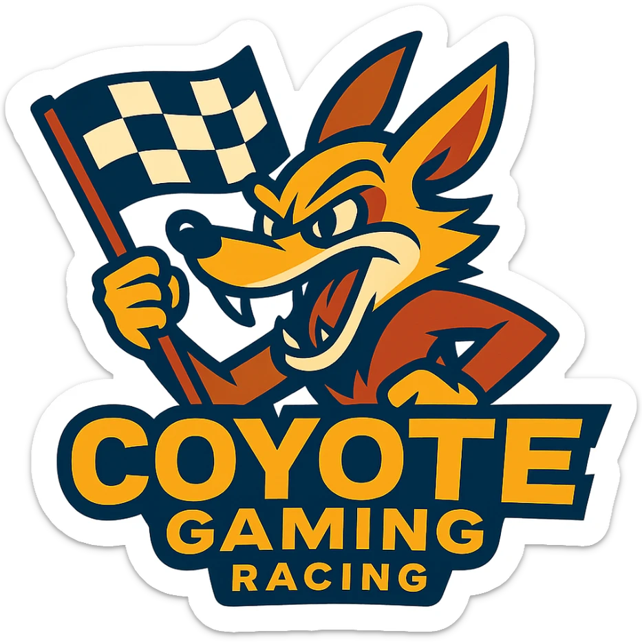 Coyote Gaming Racing logo in vibrant toon style, with a coyote character holding a racing flag sticker
