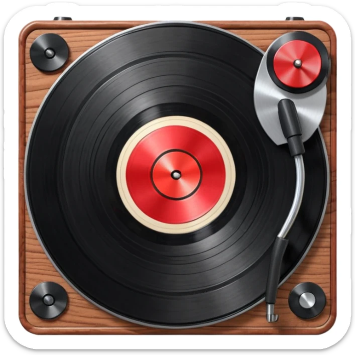 3D render of Vinyl Record, vintage 1980s audio equipment aesthetic, tactile analog buttons, shiny black grooved disc with a red center label, mixed wood grain and brushed aluminum textures, Apple emoji style, isolated on white background --v 6.0 sticker