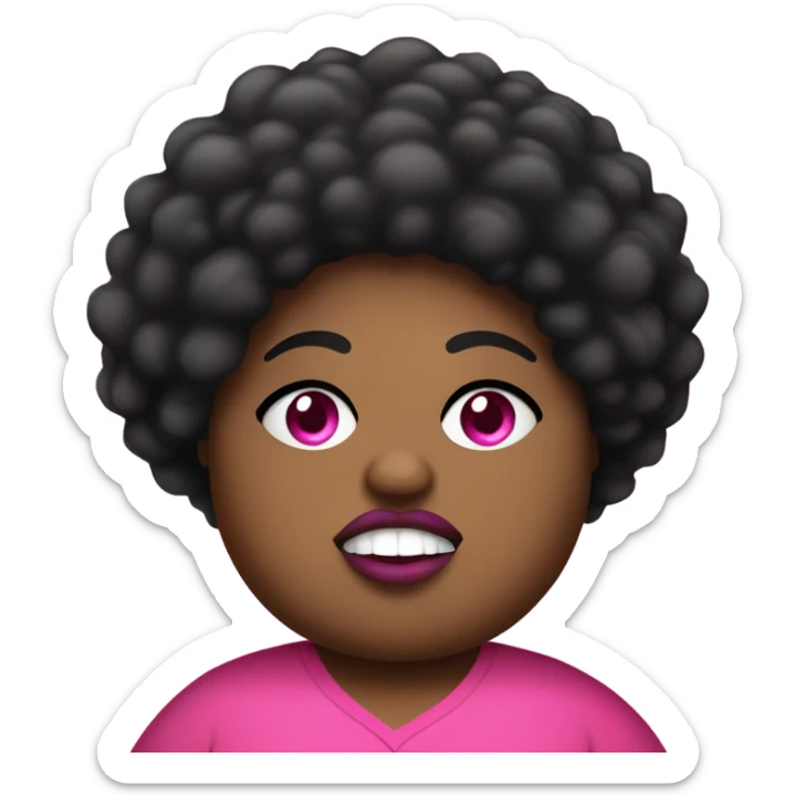 Mad chubby fat black women with a pink shirt that has a big eye ball on her right eye with a long pointy nose with a black short Afro with big lips sticker