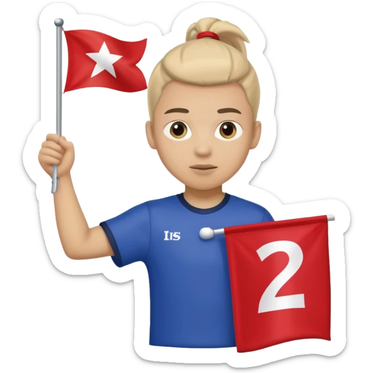 A pony tail hair boy holding a big team flag, waving it proudly with a determined expression. sticker