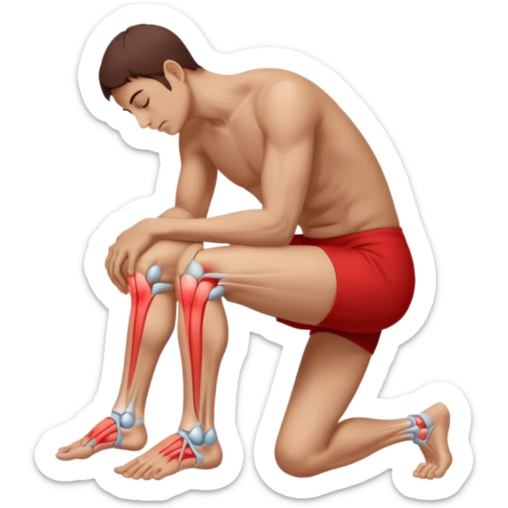 A person sitting and holding their knee, showing pain or inflammation. A red area highlights the joint to indicate soreness. Realistic photography style with clear detail on hands, knee, and muscle tension, plain white background for medical illustration use. sticker