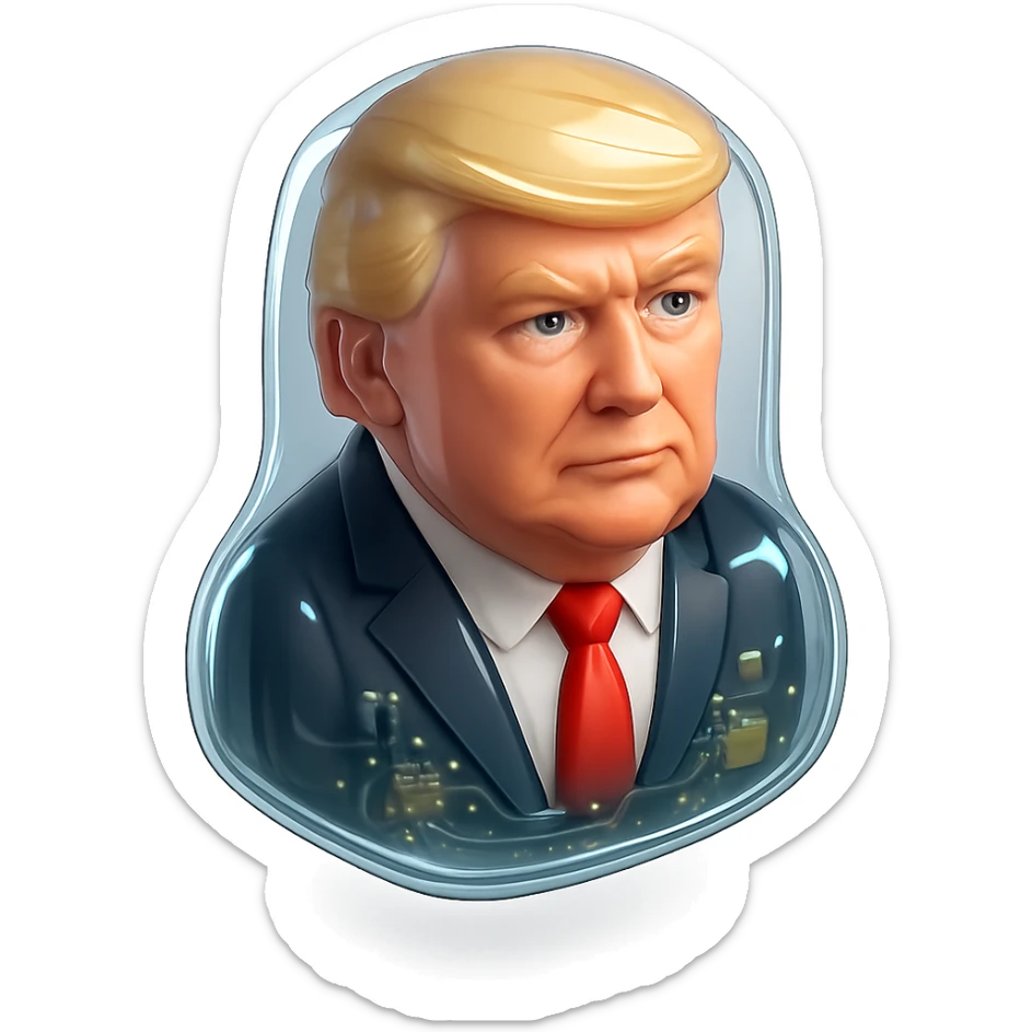 Donald Trump, glossy 3D caricature icon, facing forward, dark suit, white shirt, red tie, realistic facial features, smooth shadows, black background sticker
