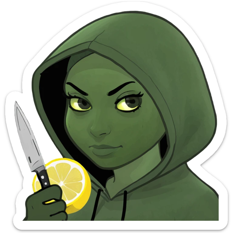 Create an emoji for a black hood princess with a knife and lemon juice sticker