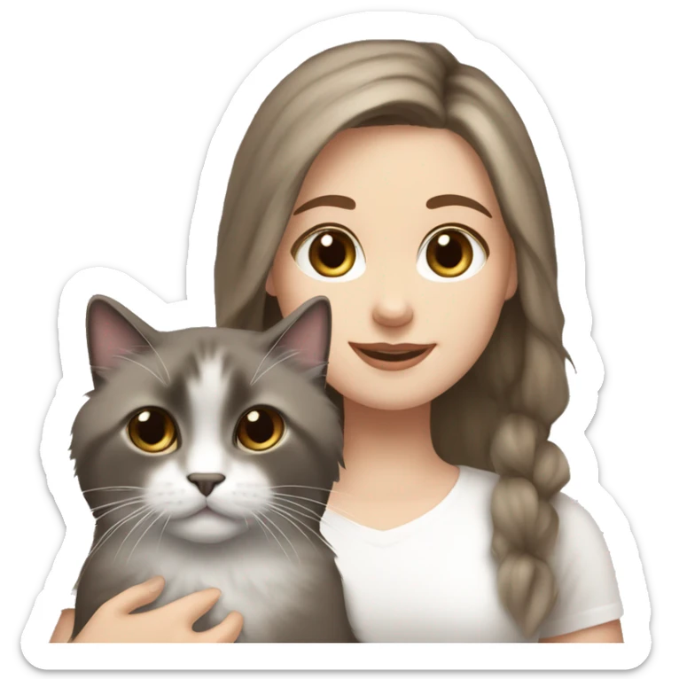 white girl brown hair girl with brown eyes with a grey and white seal fluffy ragdoll cat  sticker