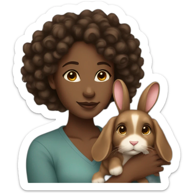 black woman long dark brown curly hair holding cute floppy eared light brown bunny sticker