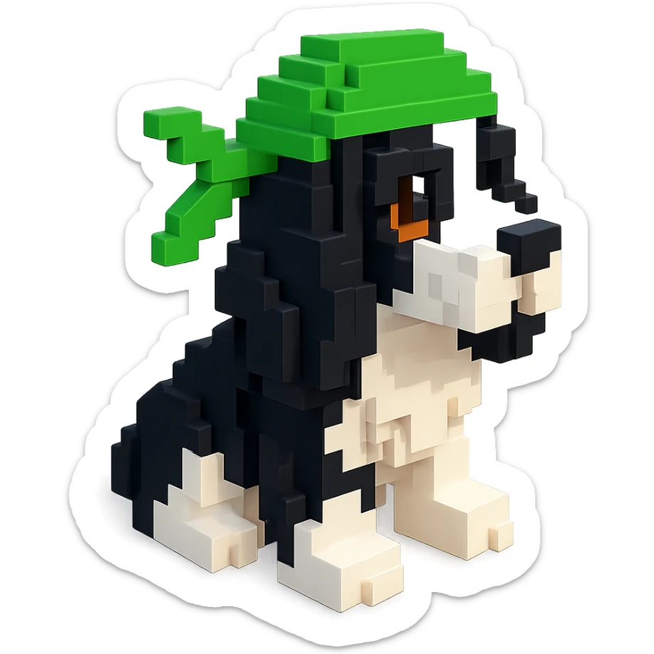 A black and white Russian Cocker Spaniel puppy wearing a green durag, voxel style, facing left sticker