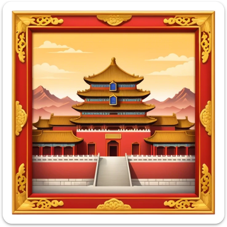 Cinematic Realistic Forbidden City Landmark Emoji, showcasing the imperial palace with iconic red walls and golden roofs rendered with rich textures and regal lighting. sticker