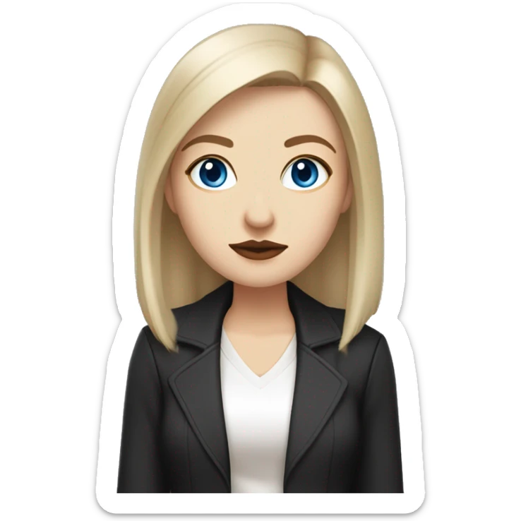 Slavic woman with blue eyes, fair skin, straight gradient from brown to blonde medium bob hair, goth eyes makeup, beige lips, dressed in white T-shirt and office black jacket. sticker