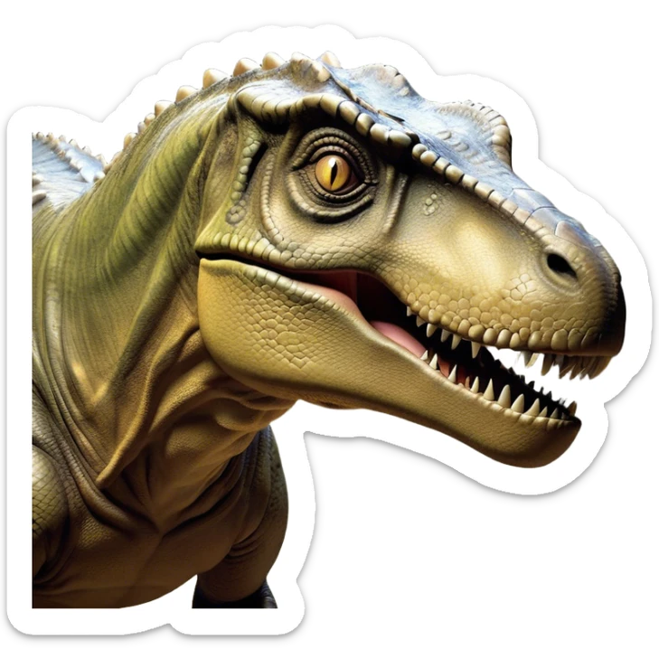 Beautiful and Majestic T-rex Portrait Emoji, Head and body resting peacefully with a serene, confident expression, showcasing its colossal, muscular form and a subtle, regal glint in its eyes, Simplified yet exquisitely endearing features, highly detailed, glowing with a soft, drowsy prehistoric light, high shine, relaxed and utterly majestic, stylized with an air of ancient splendor, soft glowing outline, capturing the essence of a beautiful and majestic T-rex that feels destined to become the next viral icon of awe-inspiring dinosaur beauty! sticker