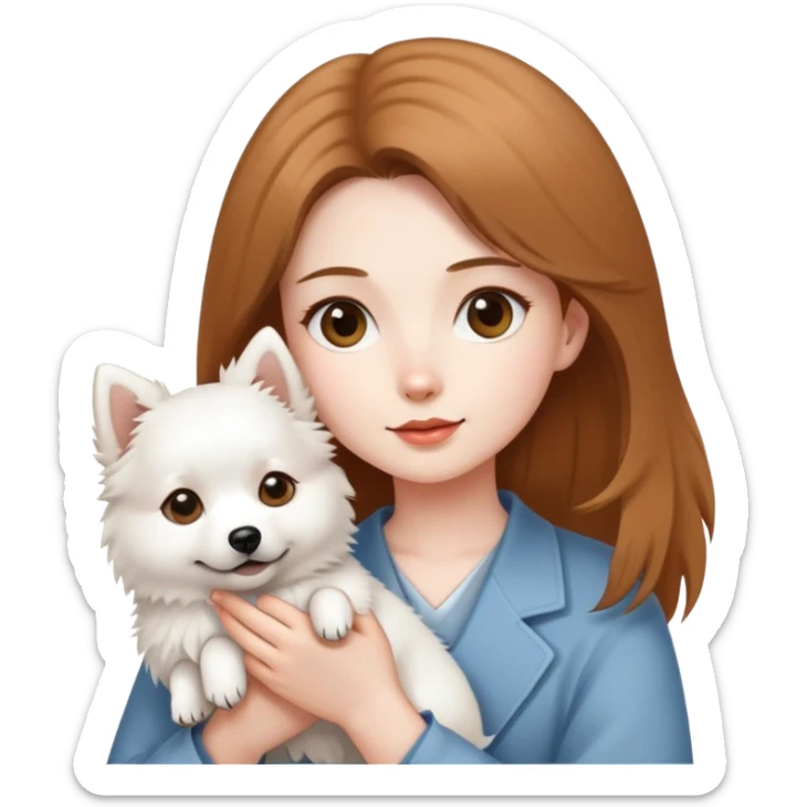 light brown hair girl with pale skin holding a Japanese spitz dog sticker