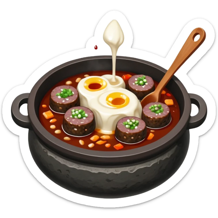 bubbling bowl of Korean sundae gukbap with soup and pieces of blood sausage visible in hot stone pot sticker