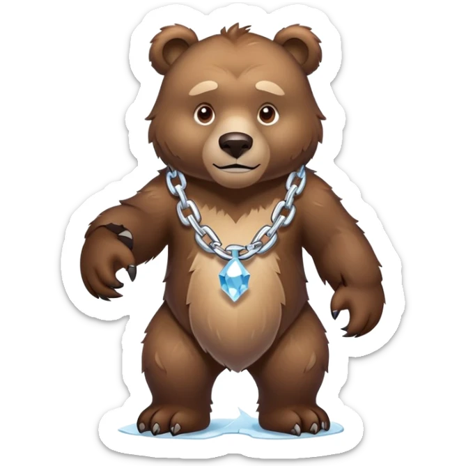 Fierce brown bear walking on four paws with an ice chain necklace, frozen chain links made of crystal clear ice, serious face sticker
