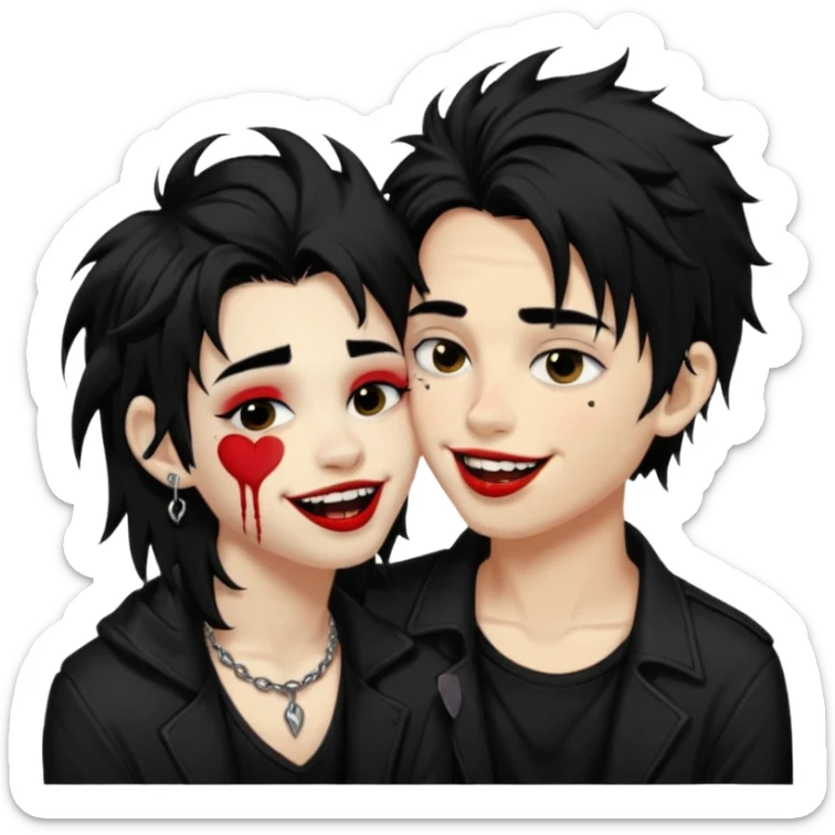 Laughing pale Goth boy with a bunch of face piercings, with shaggy dark brown hair, and messy black eyeliner , smudged, red, lipstick , kissing tan boy with long black hair  sticker