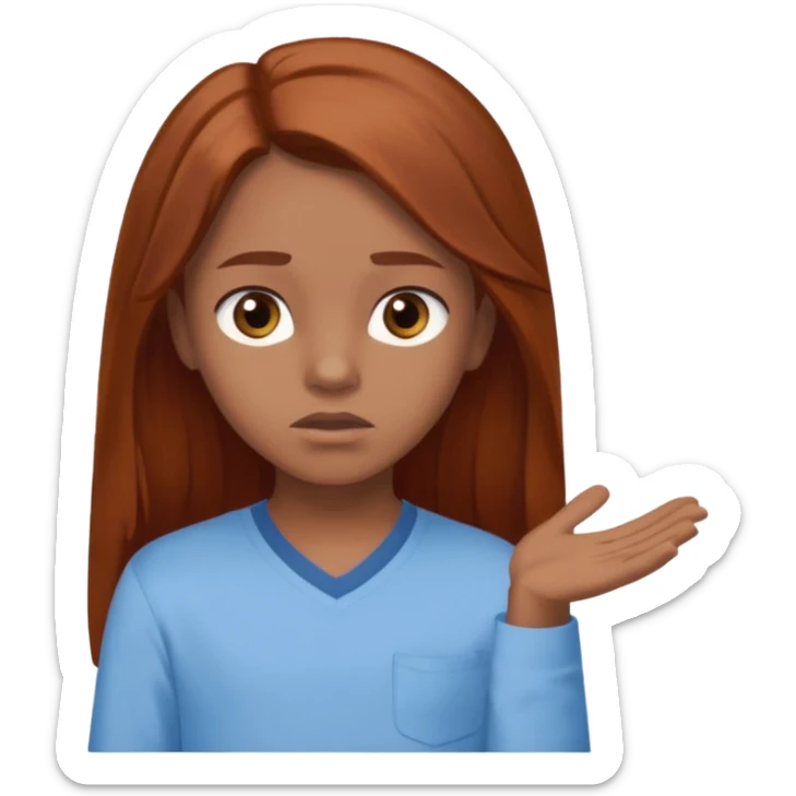 shrugging emoji brown eyed tween long auburn hair light blue shirt with a darker blue L sticker