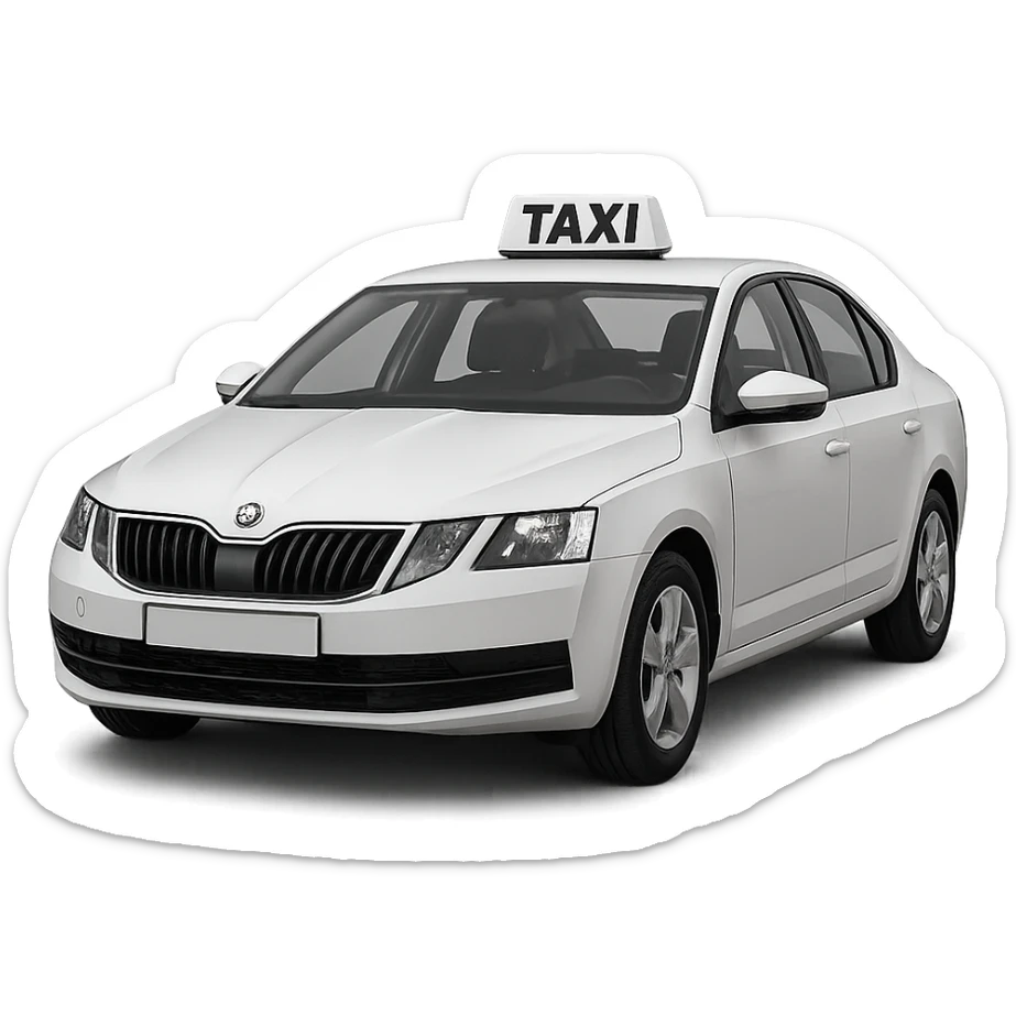 A taxi car with a visible 'TAXI' sign on top, no yellow color, car in neutral color such as white, gray, or black, clear and readable taxi sign sticker