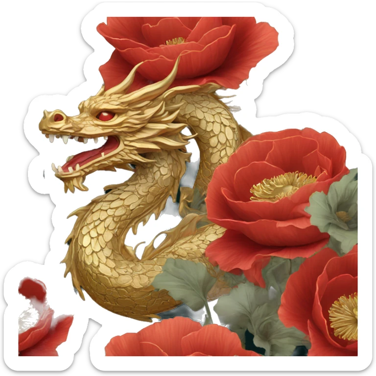 Intricate floral flower red and black and gold and jade dragon face with flowers poppies roses detailed sticker