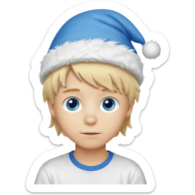 create boy blonde hair long messy, light eyes, white t shirt, rich, long hair, eyes blue, acessory head cristimas blue hat, fluffy hair medium long sticker