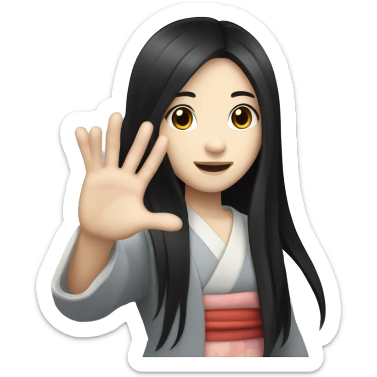 Japanese girl with long black hair and pale skin waving her hand saying hello sticker