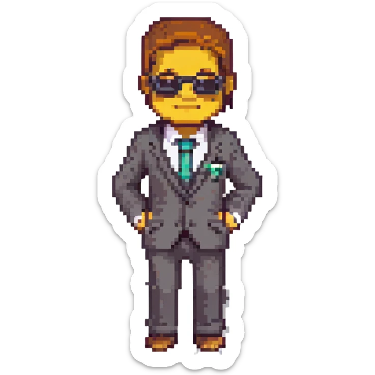 Edit the Minecraft character in the suit and sunglasses to have a big happy grin, keeping the pixel art style and pose the same. sticker