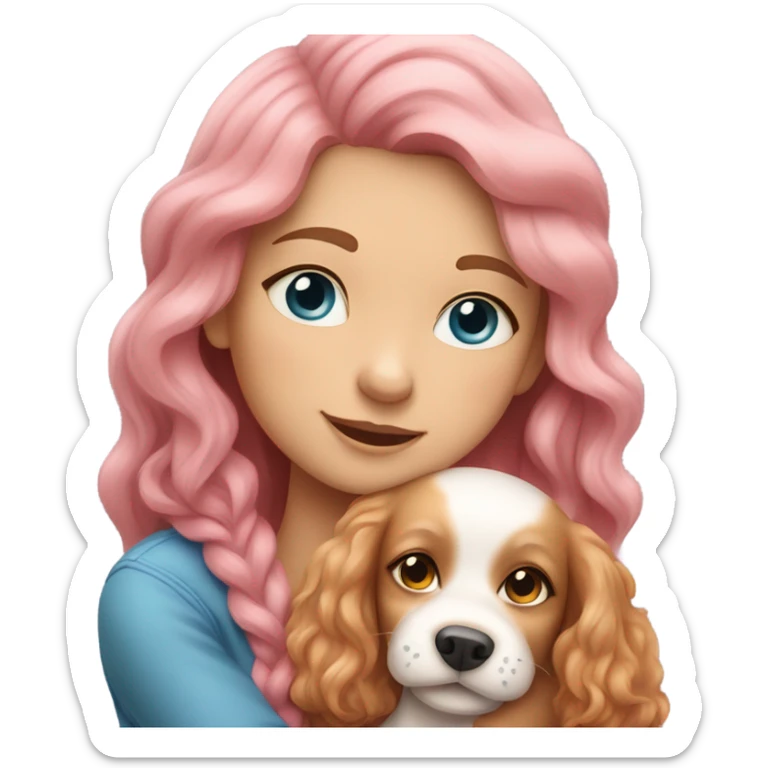 Please create a girl who hugs her pet doggie. The girl has a cute face and so does the doggie. The girl has light skin, blue eyes and pink wavy long hair. sticker