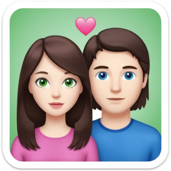 pink polaroid photo of a couple thats white with long brunette hair blue eyes and a white guy with short brunette hair and green eyes sticker