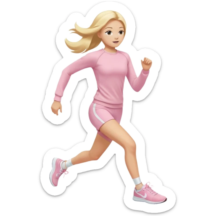 A girl in light pink tight-fitting sportswear, a long-sleeved fitted sweatshirt and shorts is running, her hair is long, blonde, and straight, wearing white sneakers. sticker