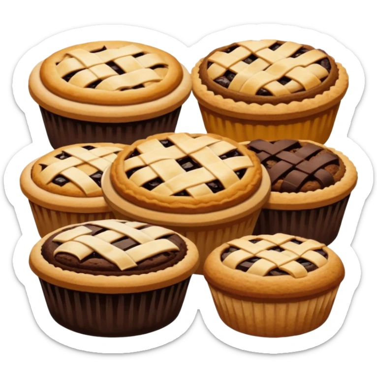 Baking community avatar in clean emoji-style illustration. Pies, cookies, and muffins grouped together, warm golden tones, simple shapes, flat design, high contrast, cozy and friendly. sticker