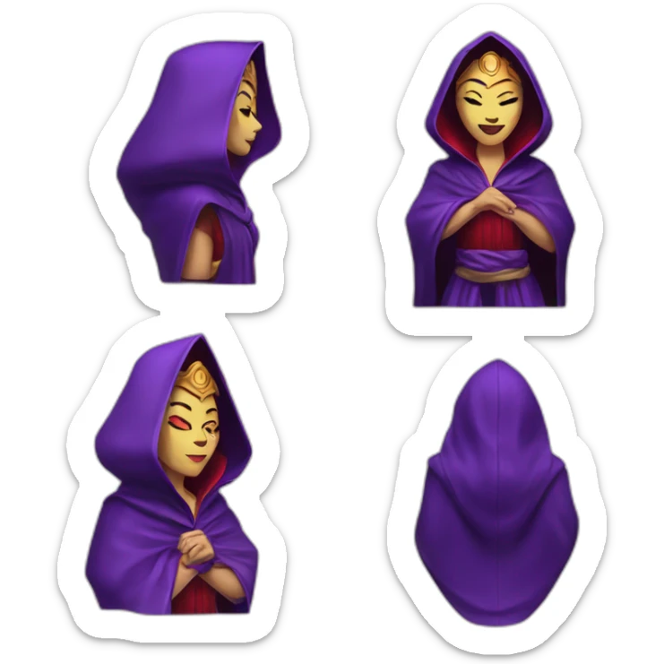 Empress, purple hodded robe, hood covering eyes , red lips, wicked grin sticker