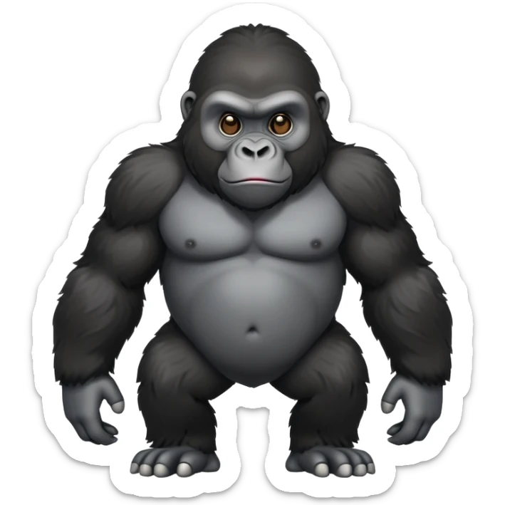 cinematic-friendly cute gorilla-realistic-full-body-crouched on all fours-emoji,-broad-and-powerful-frame-poised-with-confidence,-massive-arms-hanging-slightly-forward,-head-tilted-thoughtfully,-thick-black-fur,-deep-dark-eyes-full-of-intelligence,-simplified-yet-realistic sticker