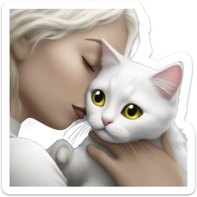 Photo realistic, alien female, kissing and embracing white cat, sticker