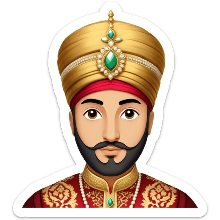 Suleiman the Magnificent – Cinematic Realistic Portrait of Suleiman the Magnificent, depicted as a regal Ottoman sultan in luxurious traditional attire with intricate patterns and a golden turban, his commanding gaze illuminated by warm, historic lighting, exuding majestic authority and timeless grandeur. sticker