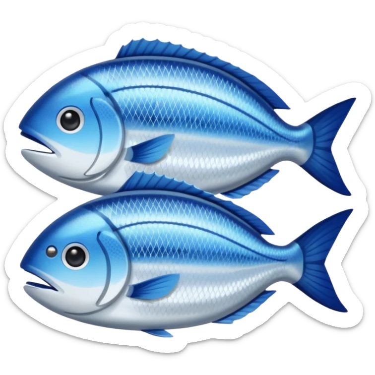 Fish dishes avatar in bright emoji-style illustration. Grilled fish, fillets, and seafood, blue and silver tones, simple shapes, flat design, fresh and flavorful. sticker