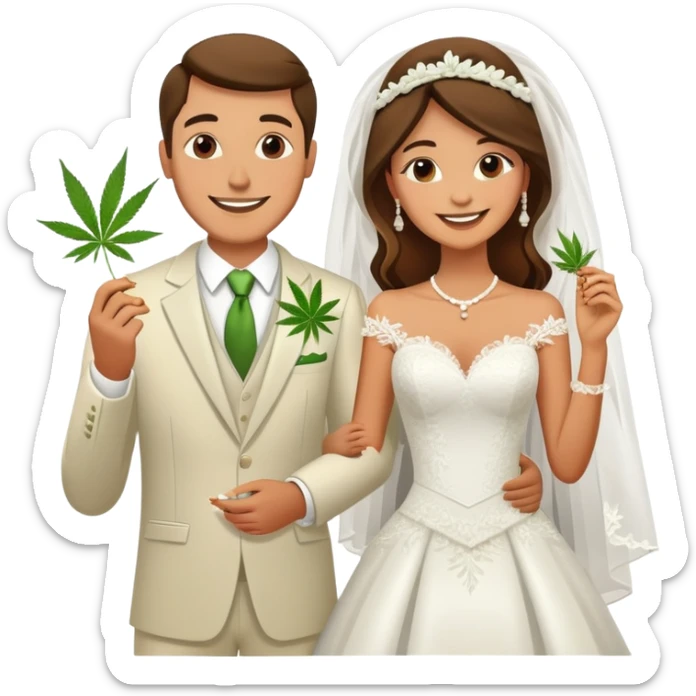 Newlywed couple, bride and groom, full body, sharing a cannabis joint at wedding sticker