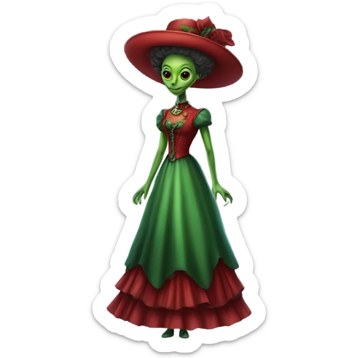 "green alien woman" galora in red Victorian dress elegant, full body sticker