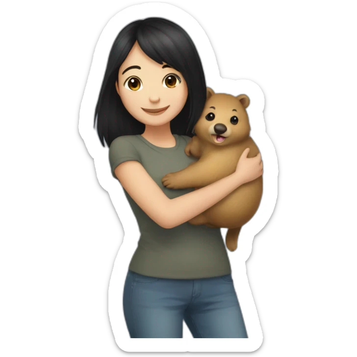 happy-girl-who-is-black-hair-and-hugging-happy-quokka sticker