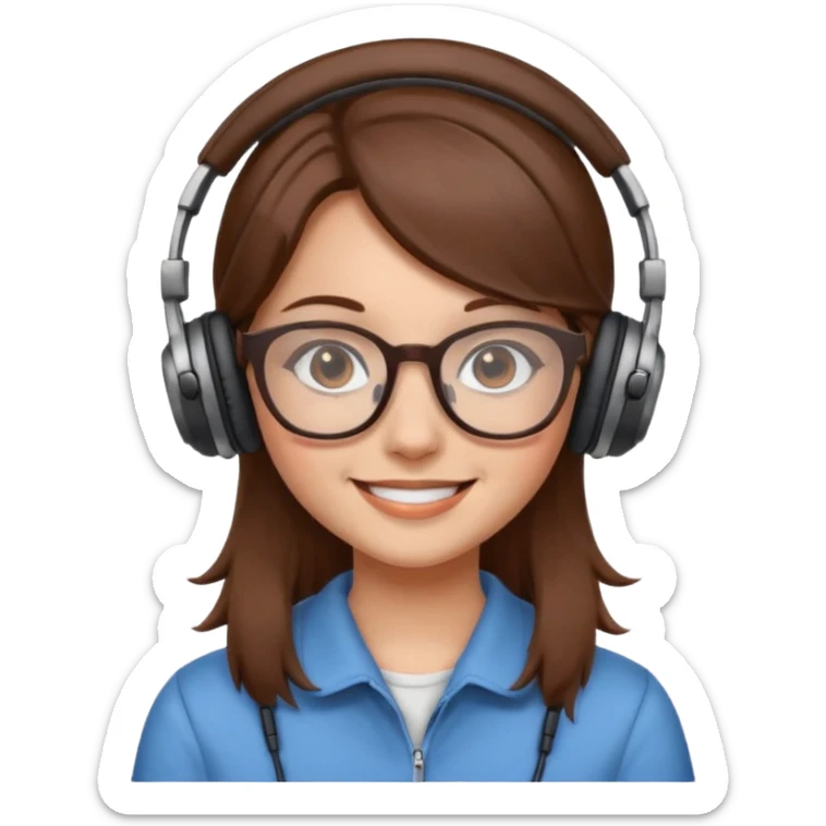 A girl with brown hair wearing glasses and headphones is smiling  sticker
