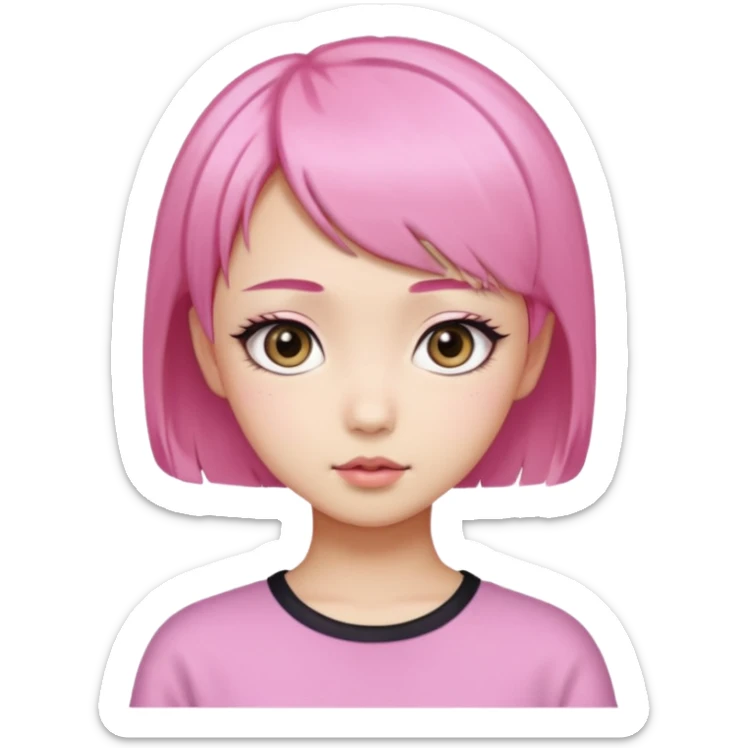 An Asian girl with pink short hair, big eyes, thick eyebrows, and long eyelashes;  sticker